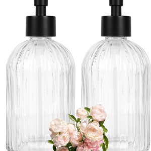 Ulable Paquete de 2 dispensadores de jabón de vidrio transparente con bomba, dispensador de jabón recargable de 13.5 onzas con rayas verticales para Ulable Paquete de 2 dispensadores de jabón de vidrio transparente con bomba, dispensador de jabón recargable de 13.5 onzas con rayas verticales para