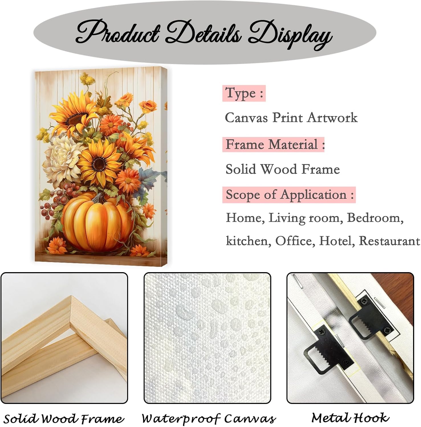 QIXIANG Lienzo decorativo de otoño para pared, diseño de calabaza y girasol, pintura del día de Acción de Gracias, lienzo de cosecha de otoño, marco