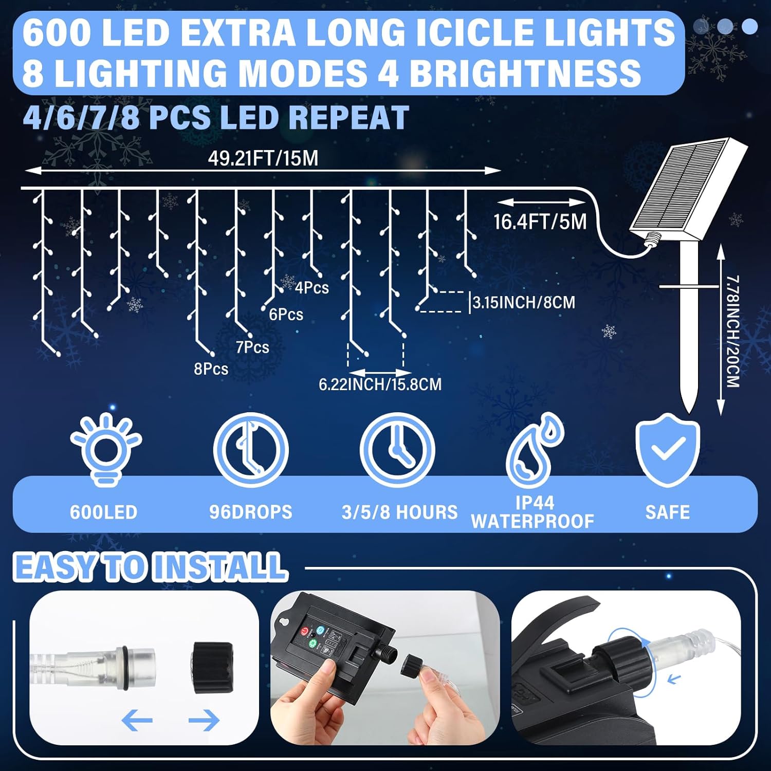 Luces solares de carámbano de invierno, impermeables, decoraciones al aire libre, 600 LED de 49.21 pies, luces blancas frías con 96 gotas, 8 modos