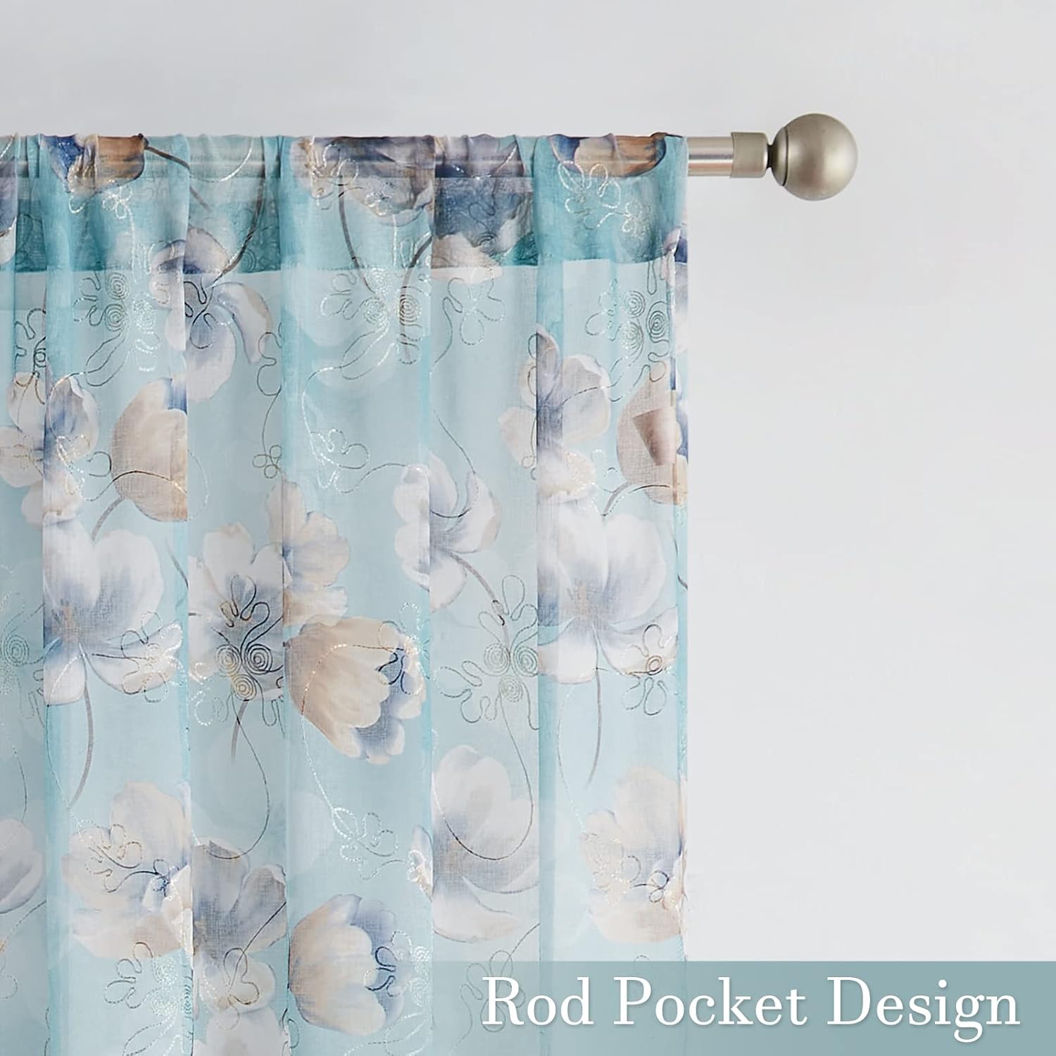 Melodieux Cortina transparente con estampado de hilo dorado con bordado de flores verde azulado para sala de estar, dormitorio, granja con bolsillo