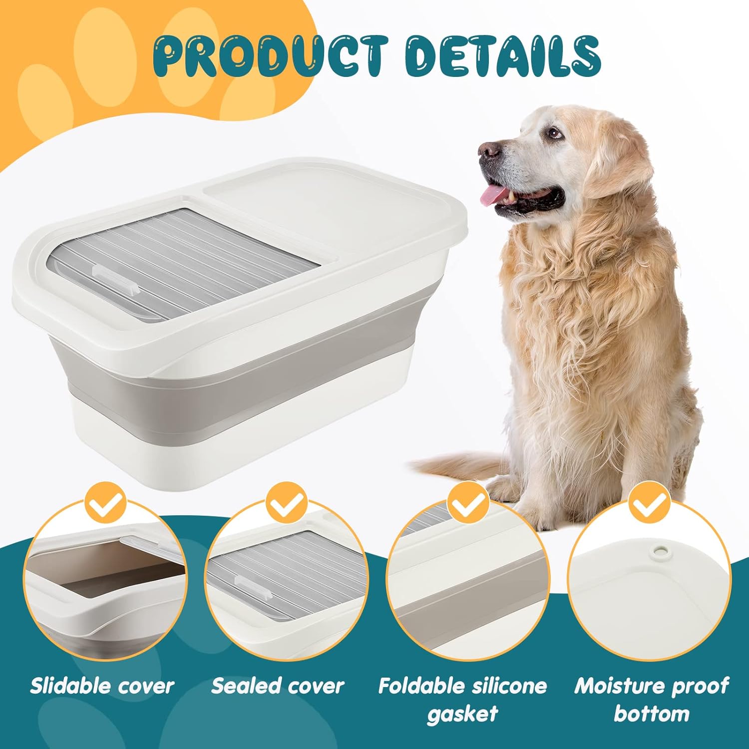 Roshtia Paquete de 3 contenedores plegables de almacenamiento de alimentos para perros de 13 libras con tapas, contenedor de alimentos plegable para