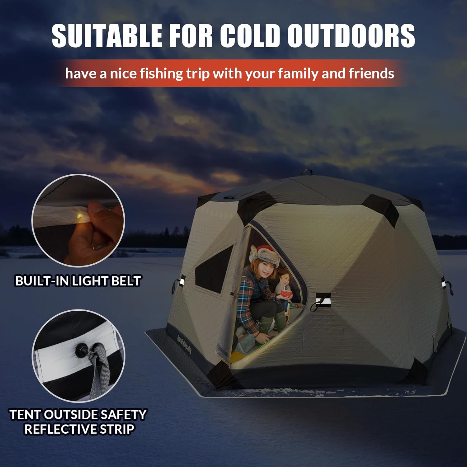 QualyQualy Ice Fishing Tent Insulated, 6 Sided Insulated Ice Fishing Shelter for 6-7 Person, Portable Pop-Up Ice Shanty Shack, Winter Fishing