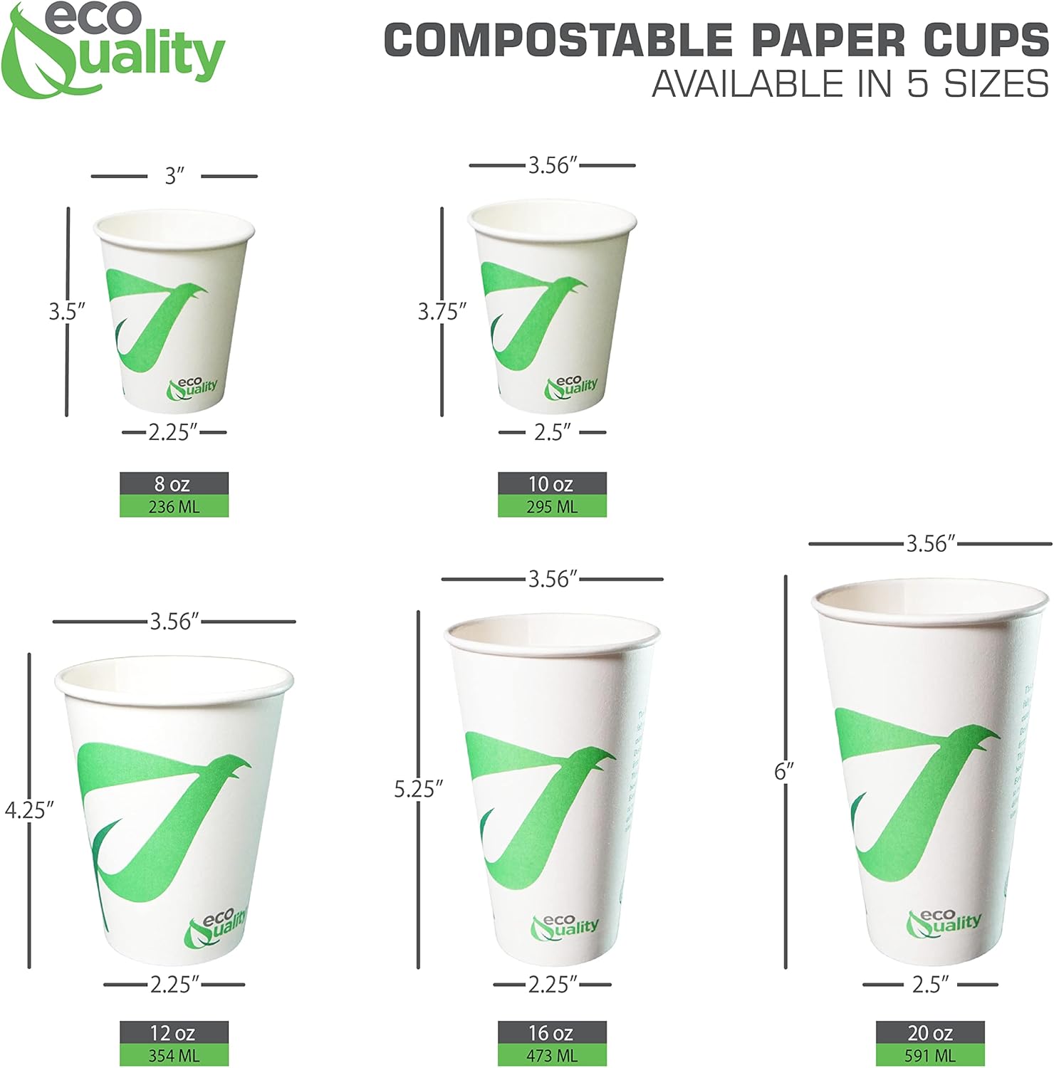 Vasos de papel compostables de 12 onzas, tazas de café de papel blanco biodegradables desechables con forro de ácido poliláctico (PLA), tazas