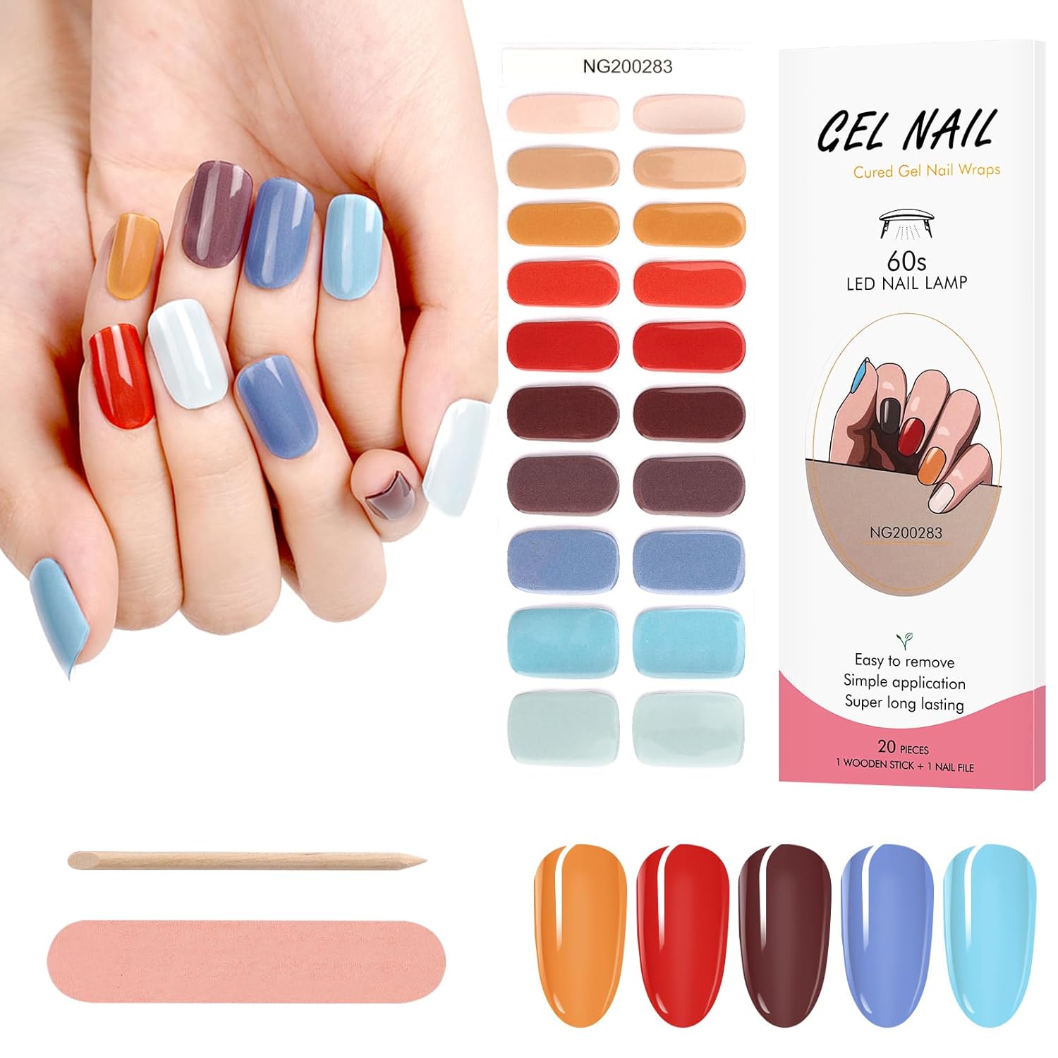 Kalolary 20 tiras de esmalte de uñas de gel, adhesivo de envoltura completa, calcomanías de gel impermeables con lima de uñas y palo (requiere