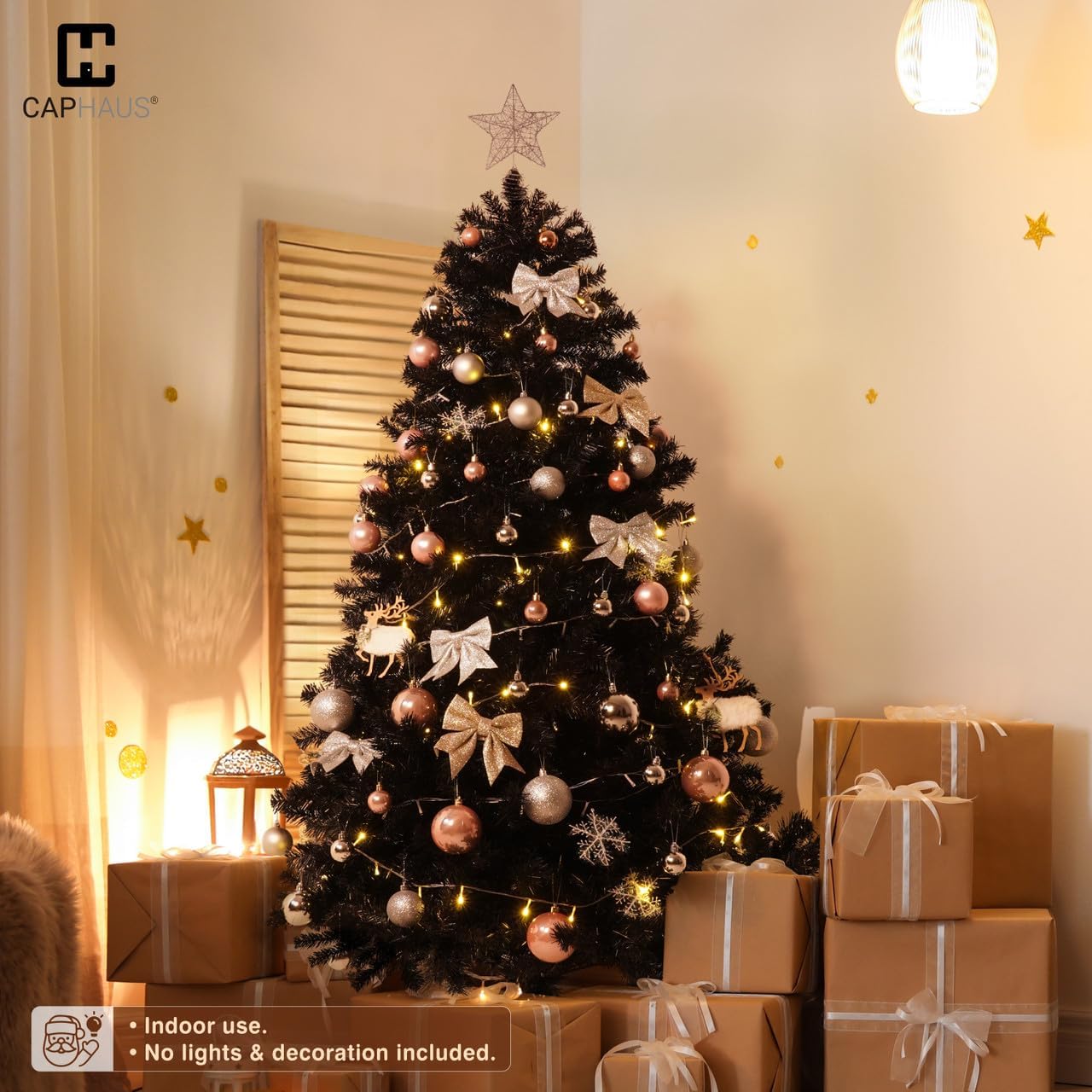 CAPHAUS Árbol de Navidad artificial negro, 4.5 pies con soporte plegable, prebisagras, 398 puntas de rama completa de alta calidad, árbol de Navidad