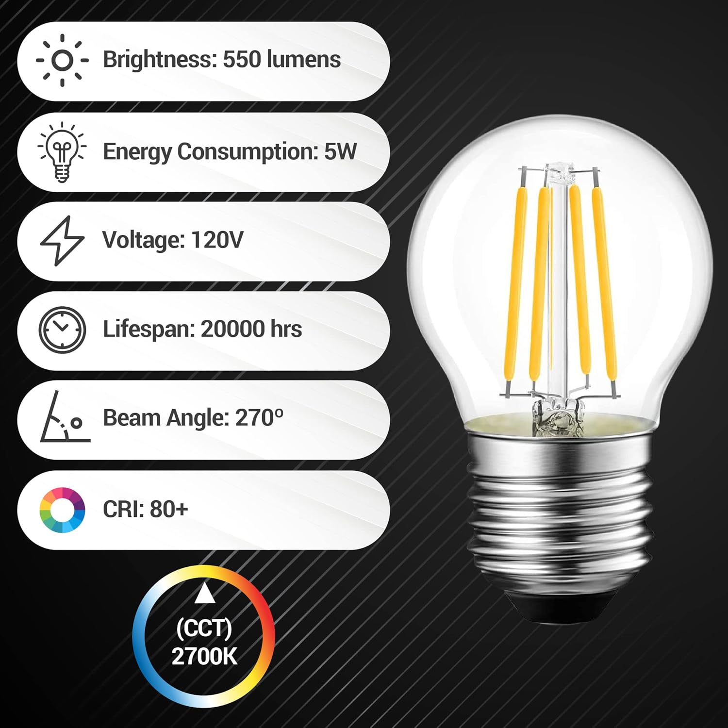 BlueStars Bombilla LED G45 E26 Edison de 120 V 5 W (equivalente a 60 vatios), luz blanca cálida de 2700 K, 550 lm, no regulable, para lámparas