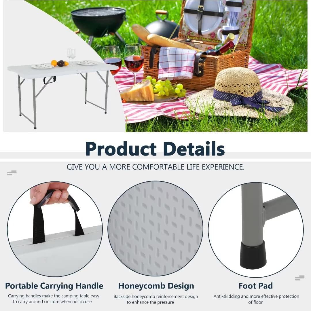 Mesa de campamento de 4 pies, mesa plegable de altura portátil, mesa plegable ajustable con asa, mesa portátil de picnic adecuada para fiestas en