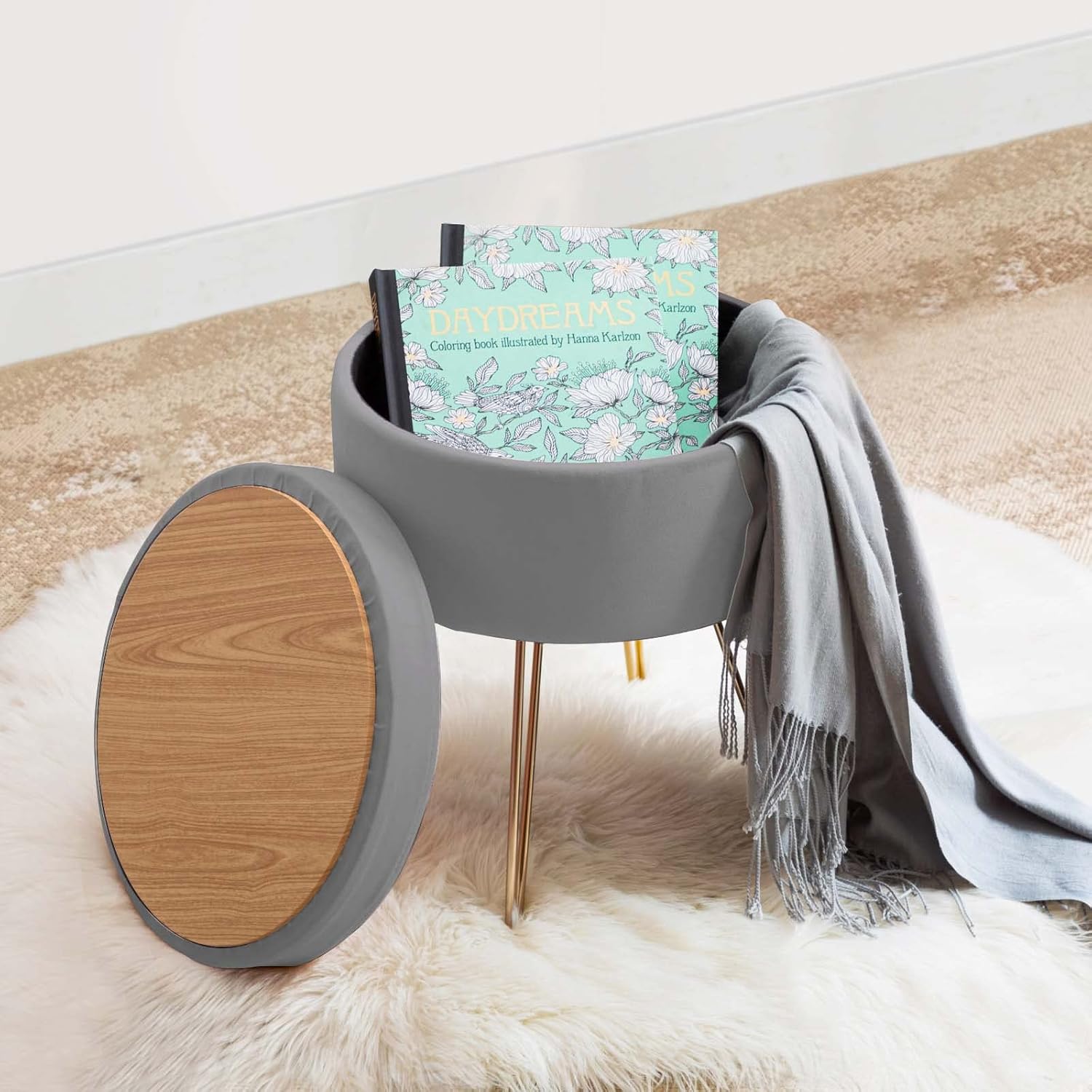 Duhome – Otomana de almacenamiento de terciopelo, silla de tocador con patas de metal, reposapiés redondo, bandeja superior para dormitorio, sala de