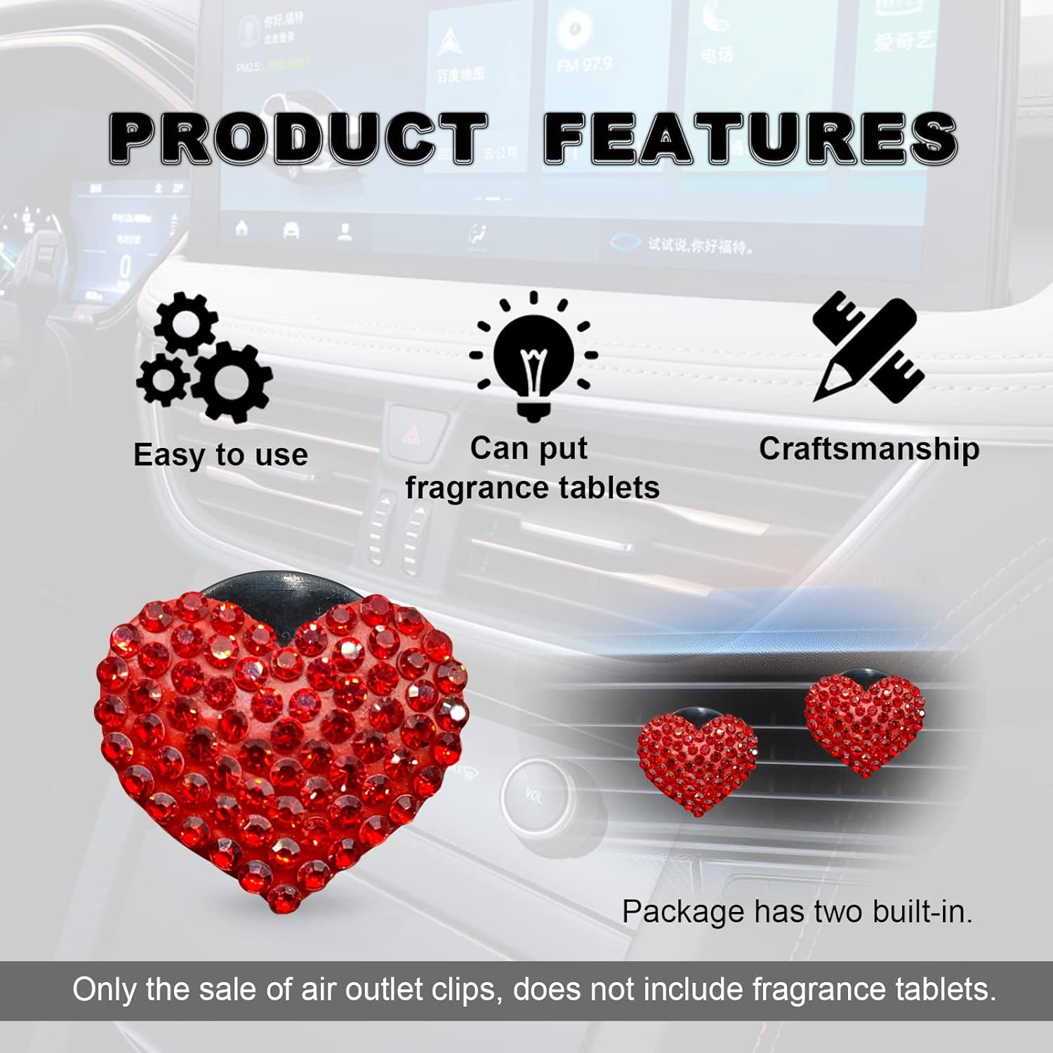 2 piezas de dijes de corazón de cristal brillantes para ventilación de automóvil, accesorios universales para decoración interior del automóvil