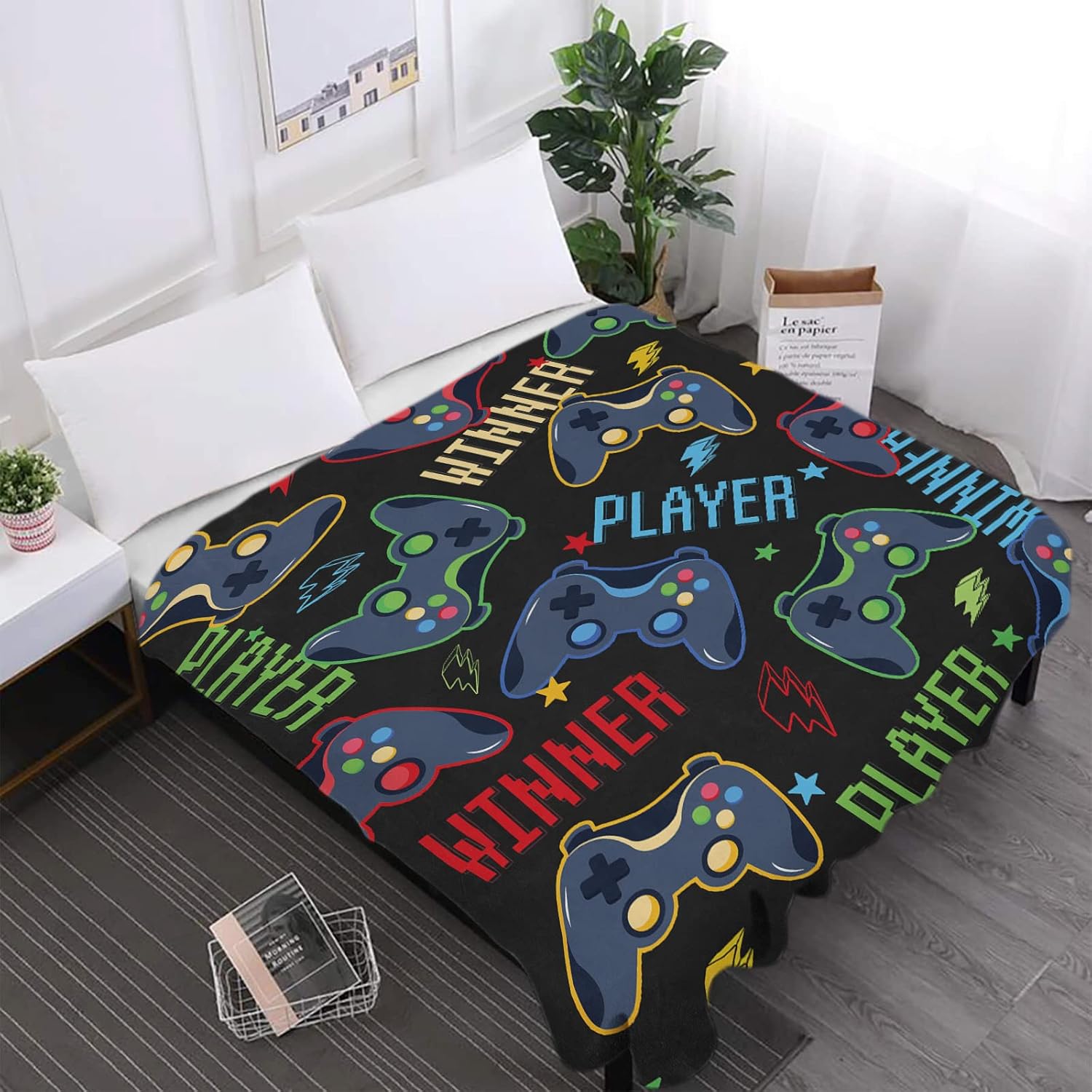 Manta de juegos para hombres, 60 x 80 pulgadas, acogedora manta mullida de videojuegos para niños, manta de franela negra suave con estrella para