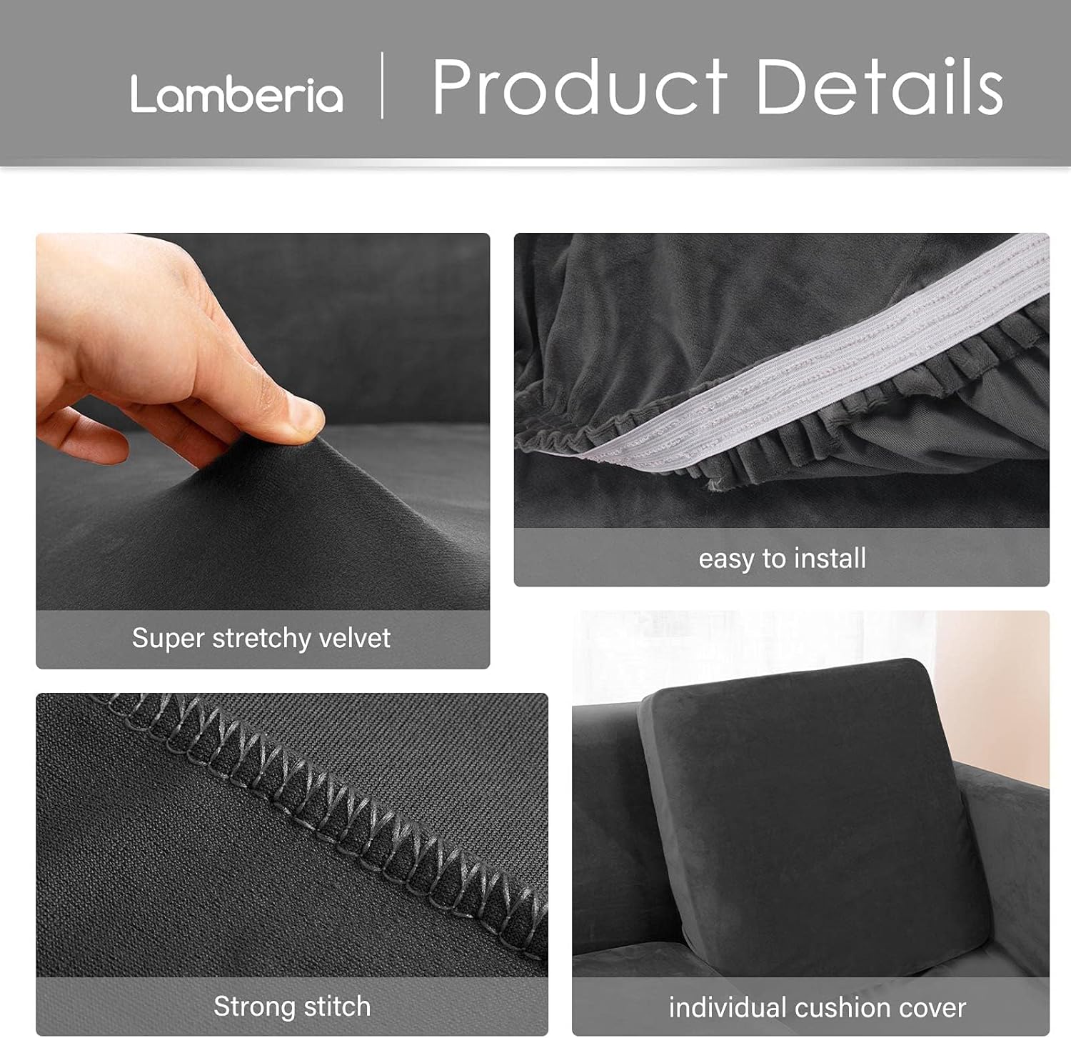 Lamberia – Funda de sofá de alta elasticidad para sofá de 3 cojines, 4 piezas gruesas y lavables, funda de terciopelo de felpa para sofá, funda