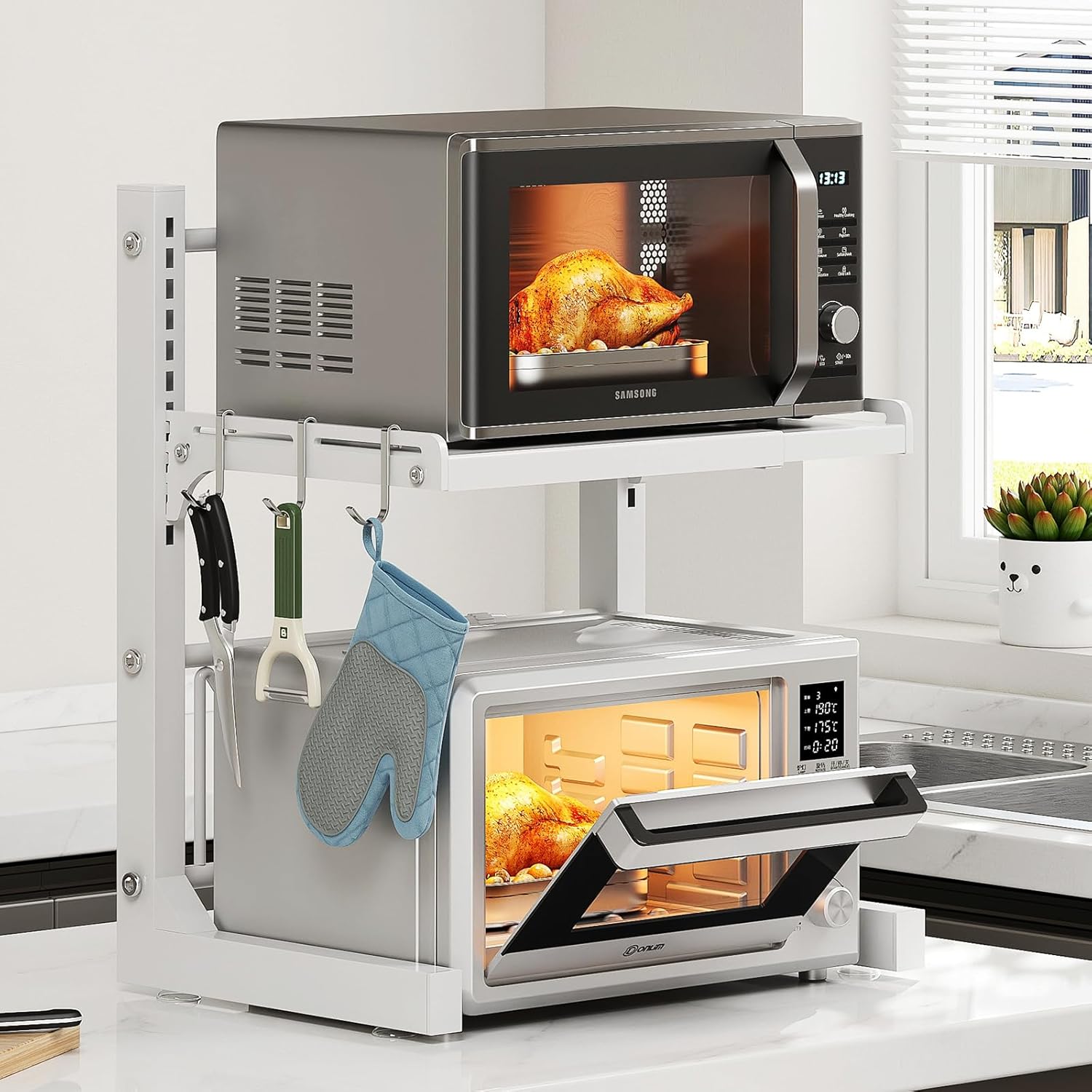 Estante de metal expandible para horno de microondas, suministros de cocina, almacenamiento de vajilla de acero inoxidable al carbono, soporte para