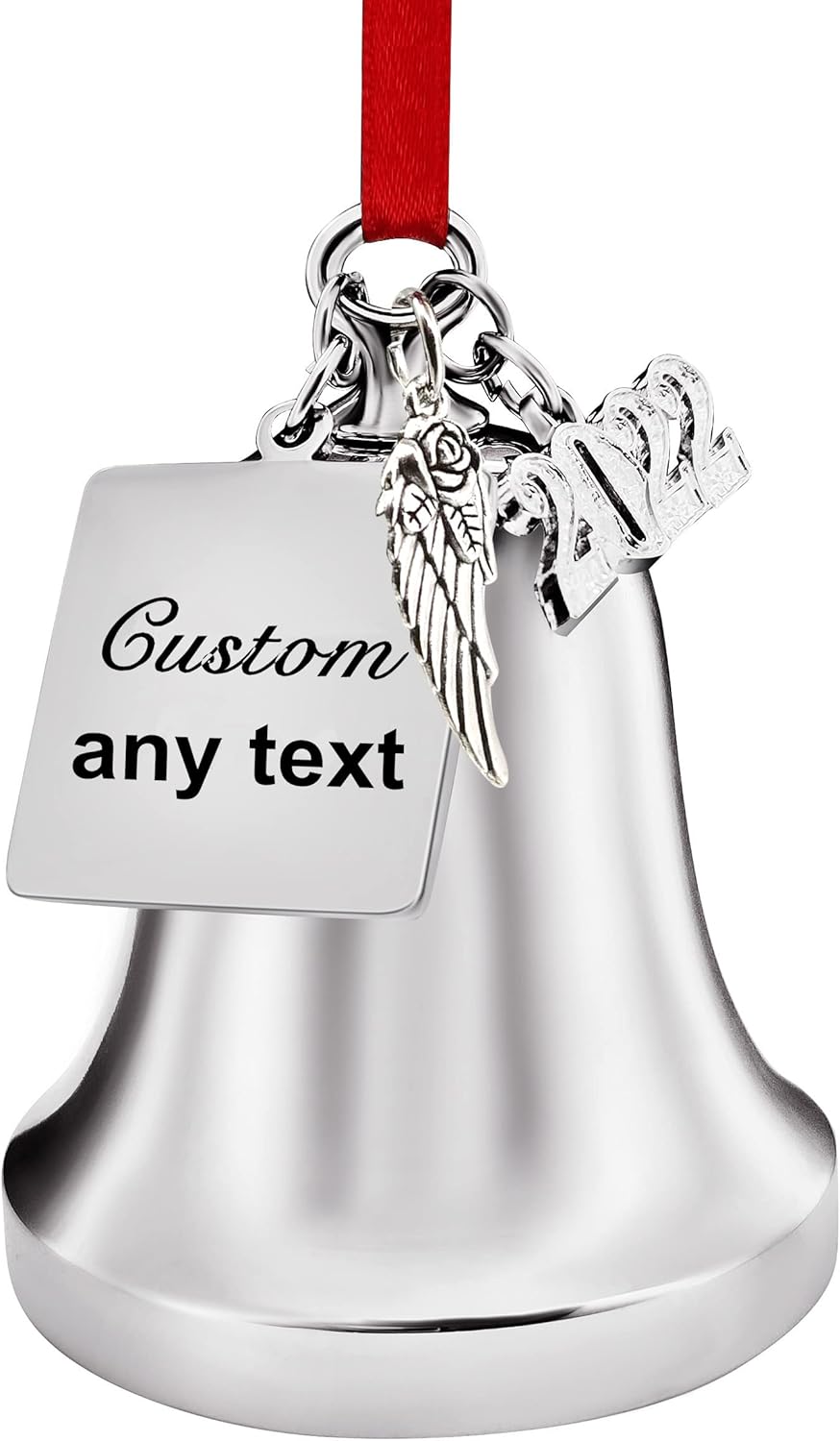 FKOG Adorno personalizado de campana de Navidad y campana de trineo, alas de ángel plateadas grabadas 2023, campanas de Navidad, bodas,
