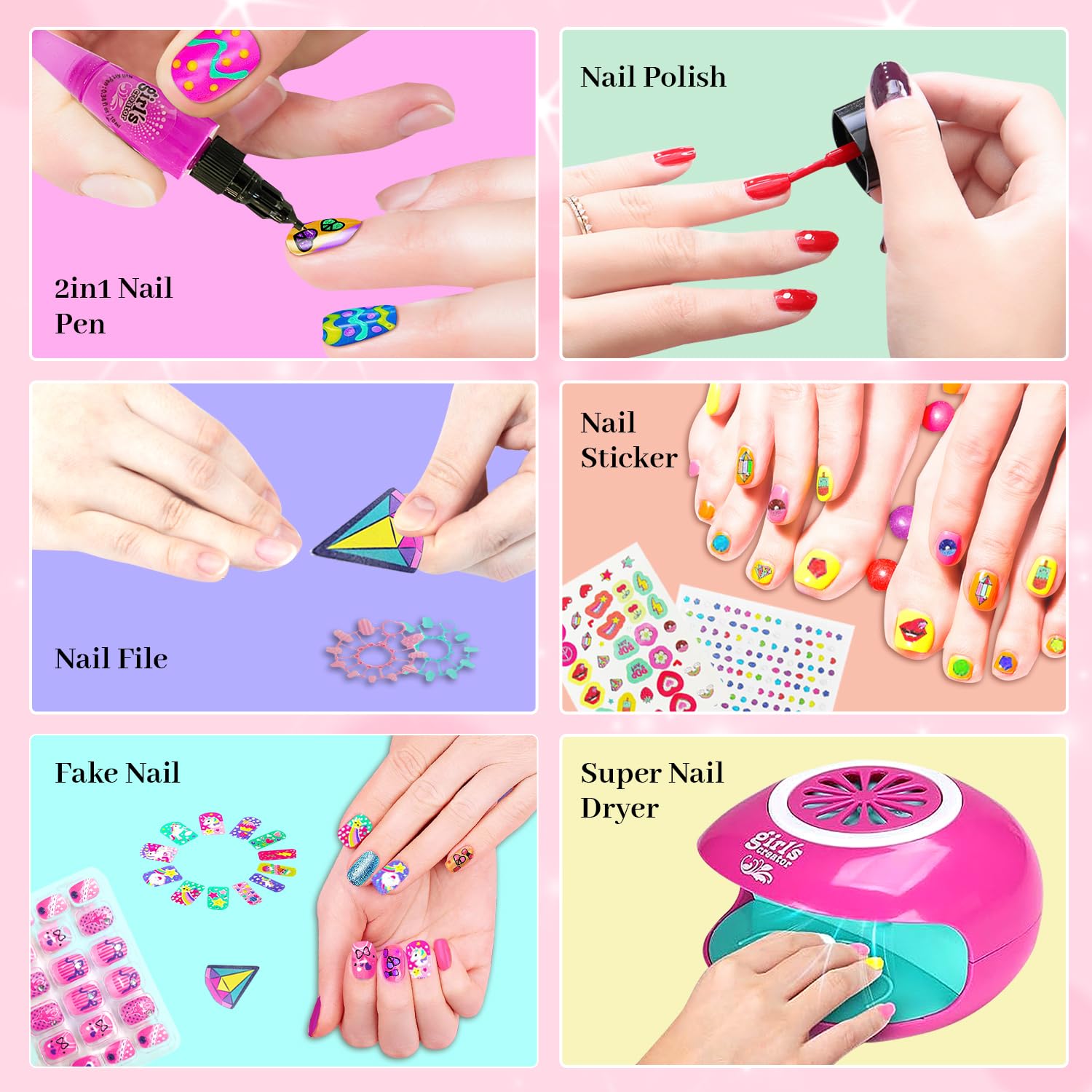 Juego de esmaltes de uñas para niñas, regalo para niñas, kit de uñas para niños de 7 a 12 años, juego de esmalte de uñas no tóxico con secador de