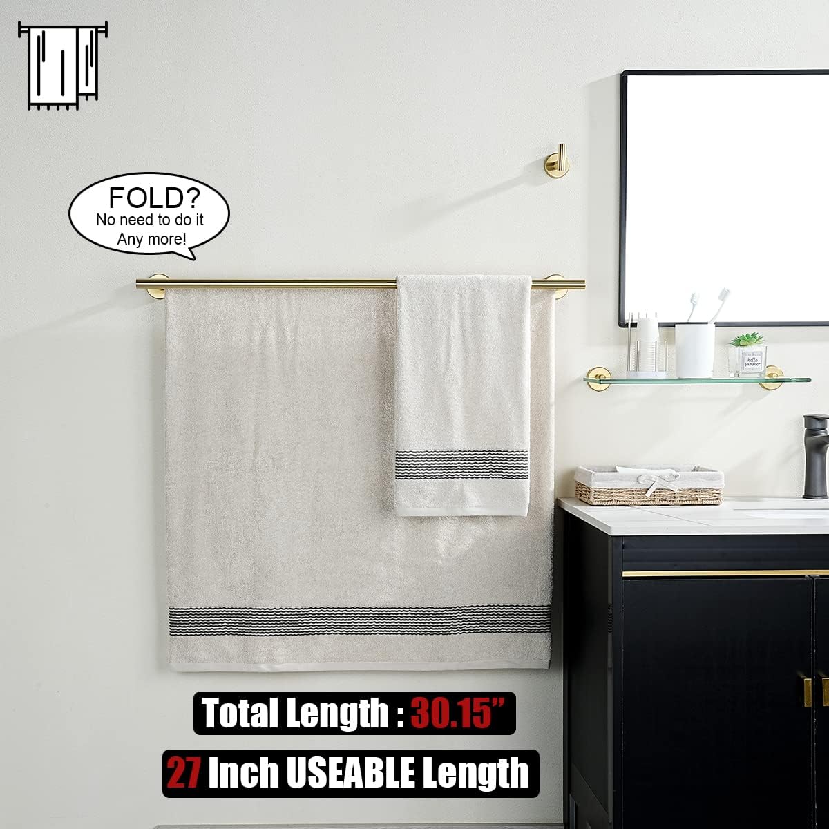 JQK Toallero de baño doble, oro cepillado de 27 pulgadas, acero inoxidable 304 de grosor de 0.031 in para baño, toallero de pared para montaje en