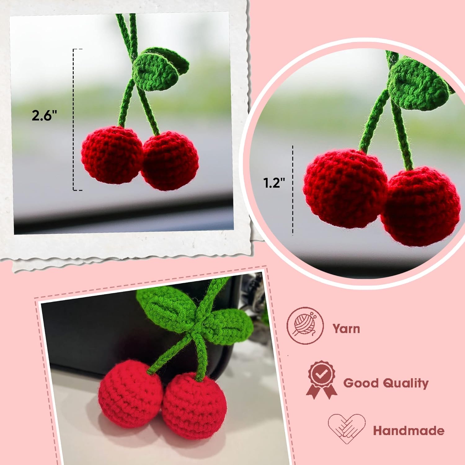 Adorno de coche de ganchillo hecho a mano de cerezo, bonito accesorio de espejo retrovisor de punto con fruta de cereza roja, decoración de árbol de