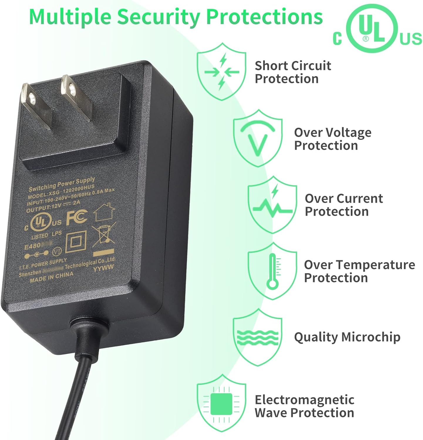 Adaptador de fuente de alimentación de 12 V 2 A CC listado UL con interruptor de atenuación LED, 24W 100-240V ACDC 12 voltios adaptador de 2