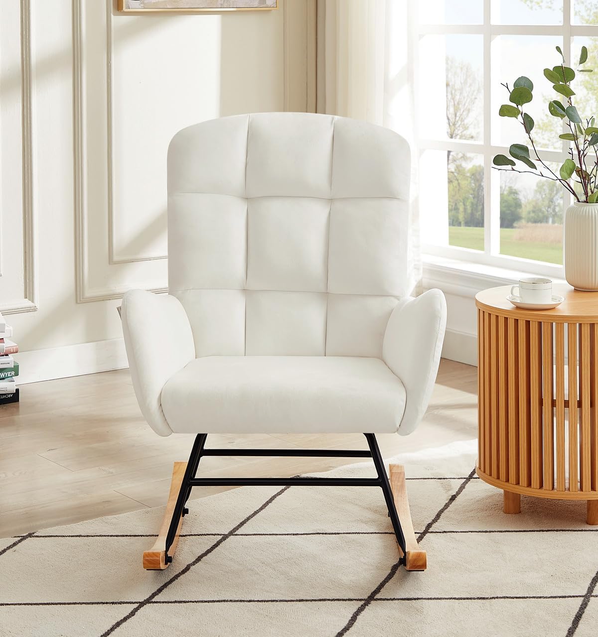 Mecedora para guardería, silla deslizadora tapizada con respaldo alto para sala de estar, dormitorio, oficinas (terciopelo blanco)