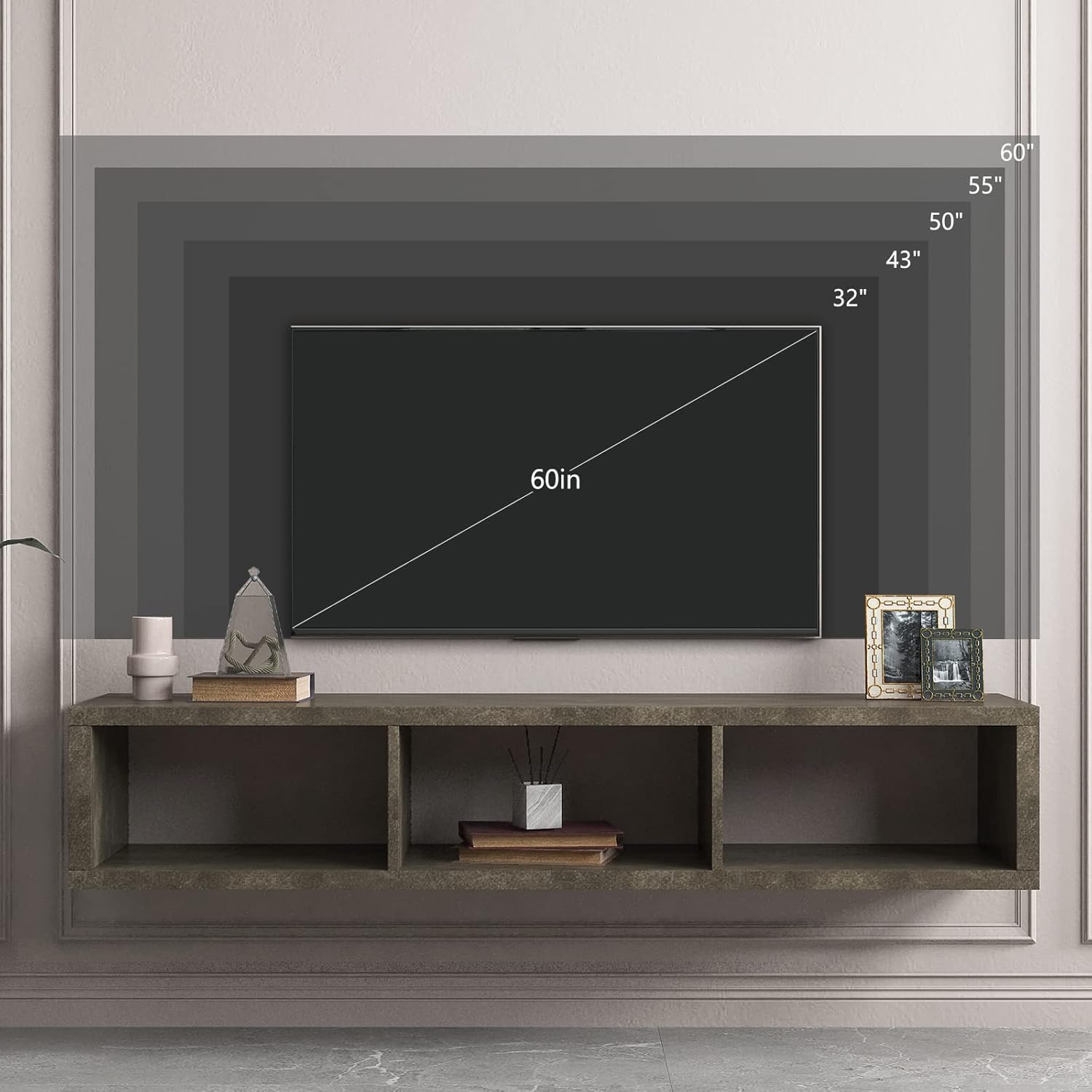 Soporte flotante de TV de 60 pulgadas para montar en la pared con 3 compartimentos abiertos, centro de entretenimiento colgante para sala de estar,
