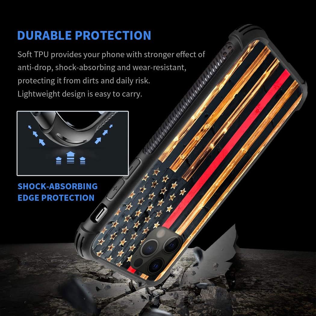DAIZAG Funda compatible con iPhone 12, diseño de bandera de grano de madera de línea roja para iPhone 12 Pro, fundas para hombre y mujer, protección