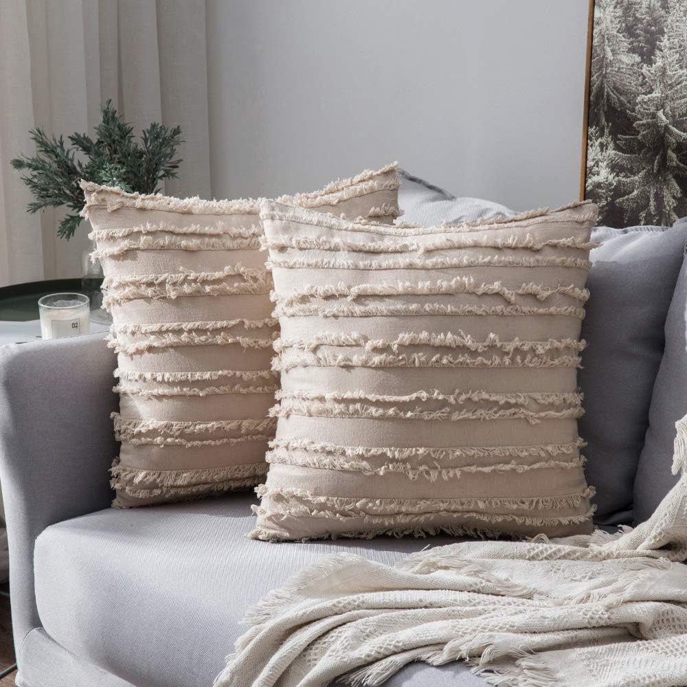 MIULEE Juego de 2 fundas de cojín decorativas de lino y estilo bohemio, con patrón jacquard a rayas, para sofá, sillón, sala de estar y dormitorio,