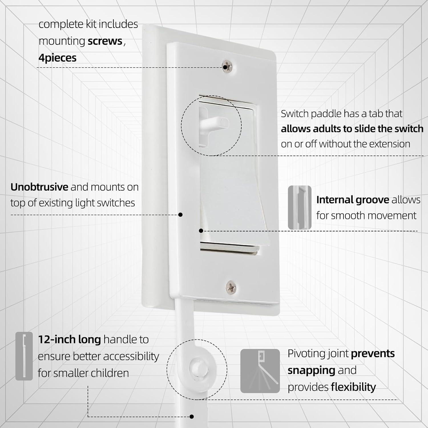 Extensor de interruptor de luz para niños (blanco) – Kit completo de extensor de interruptor Decora con mango de extensión de 12 pulgadas, adaptador