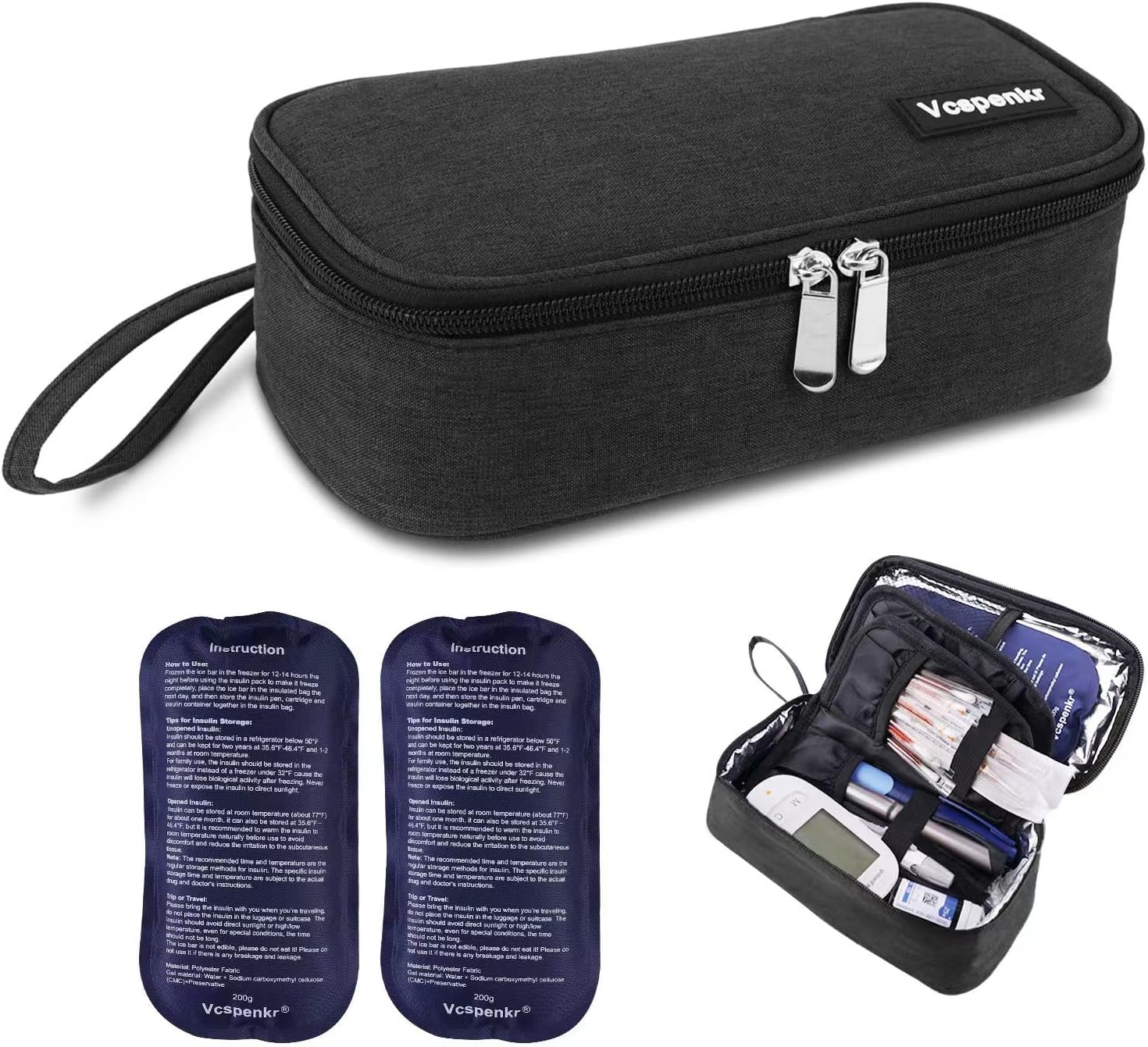 Vcspenkr Bolsa de viaje para enfriar insulina, bolsa de transporte para medicamentos diabéticos con 2 paquetes de hielo de 7.05 oz, organizador