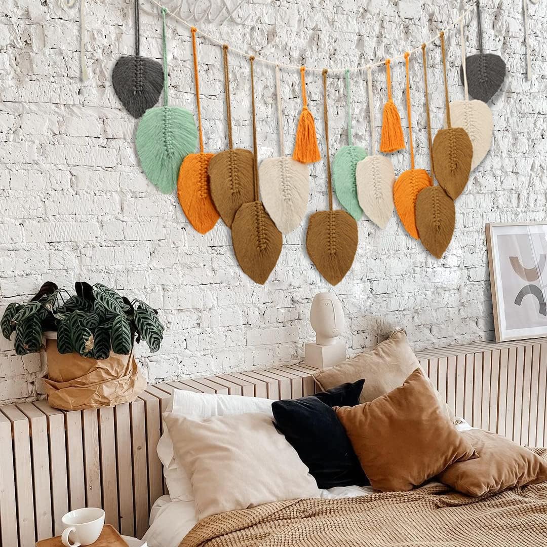 LOSOUR Macrame Wall Hanging,Boho Wall Decor Feather Woven Leaves Tassels Decoration,Handmade Scandinavian Decor, Wall Art for Bedroom, Headboard,