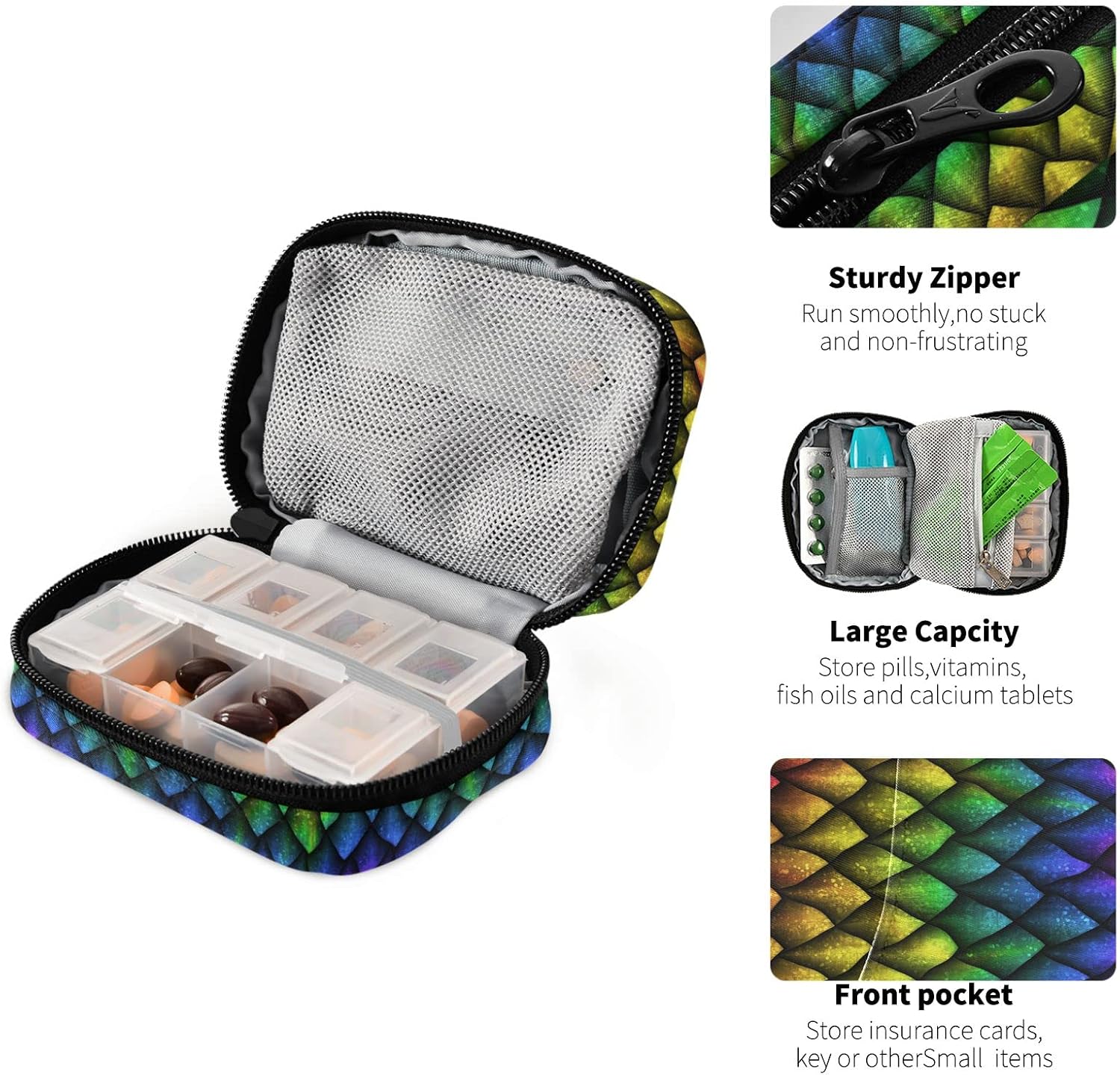 Pastillero Dragon Scales de piel de arco iris, 7 días, organizador de píldoras de viaje, bolsa organizadora de medicamentos, dispensador compacto