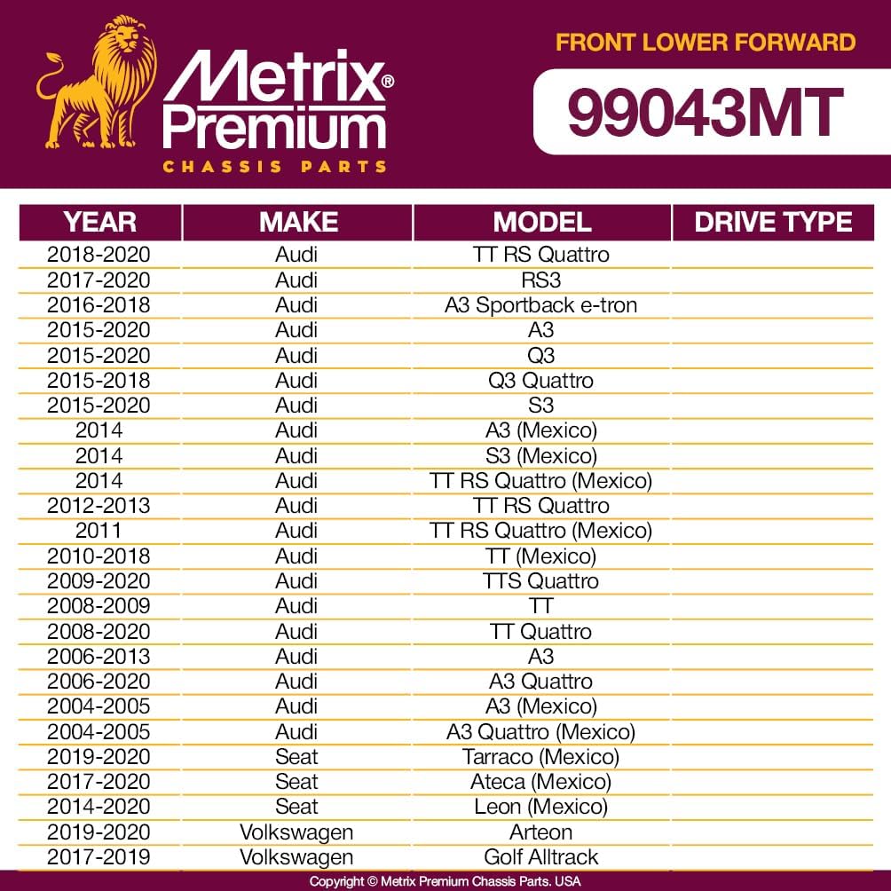 Metrix Premium – 2 bujes de brazo de control delantero inferior delantero K200094 para Audi A3 06-13, 15-18 Q3, 15-18 Q3 Quattro, 08-15 TT Quattro,