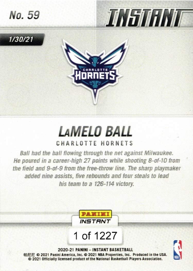 2020-21 Panini Instant Basketball #59 LaMelo Ball Rookie Card Hornets – Only 1,227 made