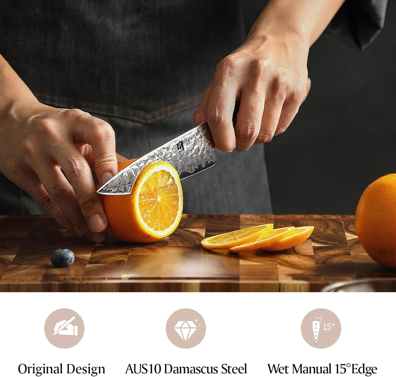 XINZUO AUS-10 Cuchillo utilitario japonés de acero de 5 pulgadas, cuchillo de pelar de acero de Damasco con superficie martillada, cuchillo de
