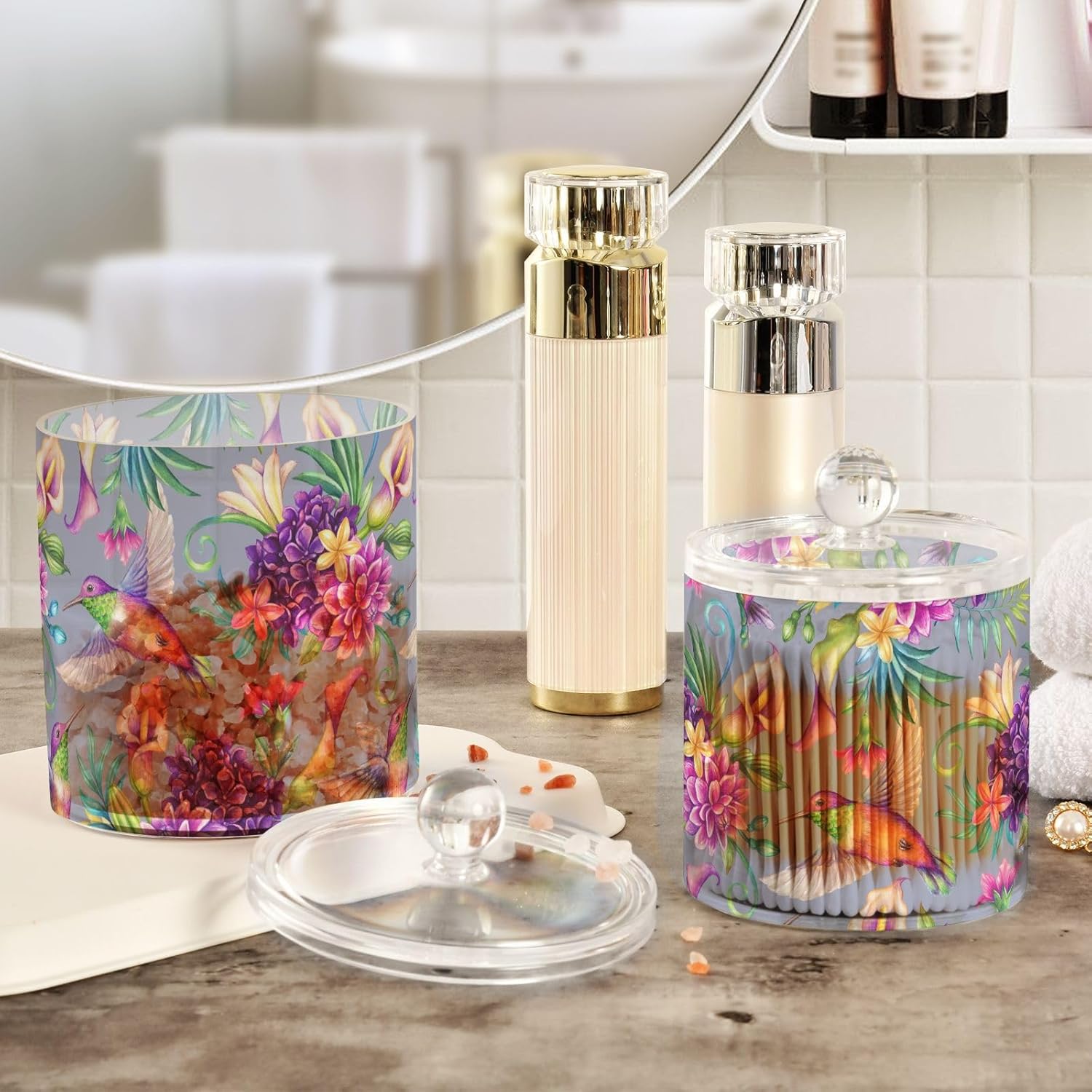 Frascos de primavera de colibrí con tapas, recipientes de baño, tarros decorativos para lavandería, contenedor de hisopos de algodón para