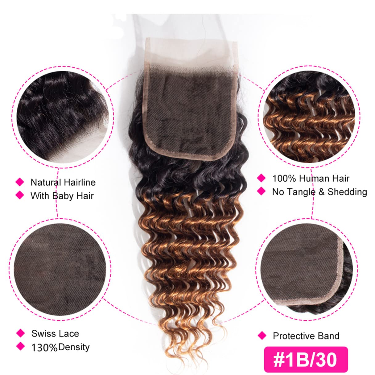 Ombre rubio miel 1B 30 onda profunda 4×4 cierre de encaje 100% cabello humano virgen brasileño sin procesar rizado profundo línea de cabello