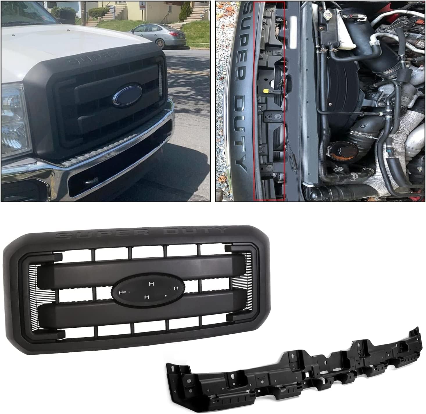 ECOTRIC Parrilla del radiador delantero y soporte superior compatible con Ford F250 F350 F450 F550 Super Duty 2011-2016