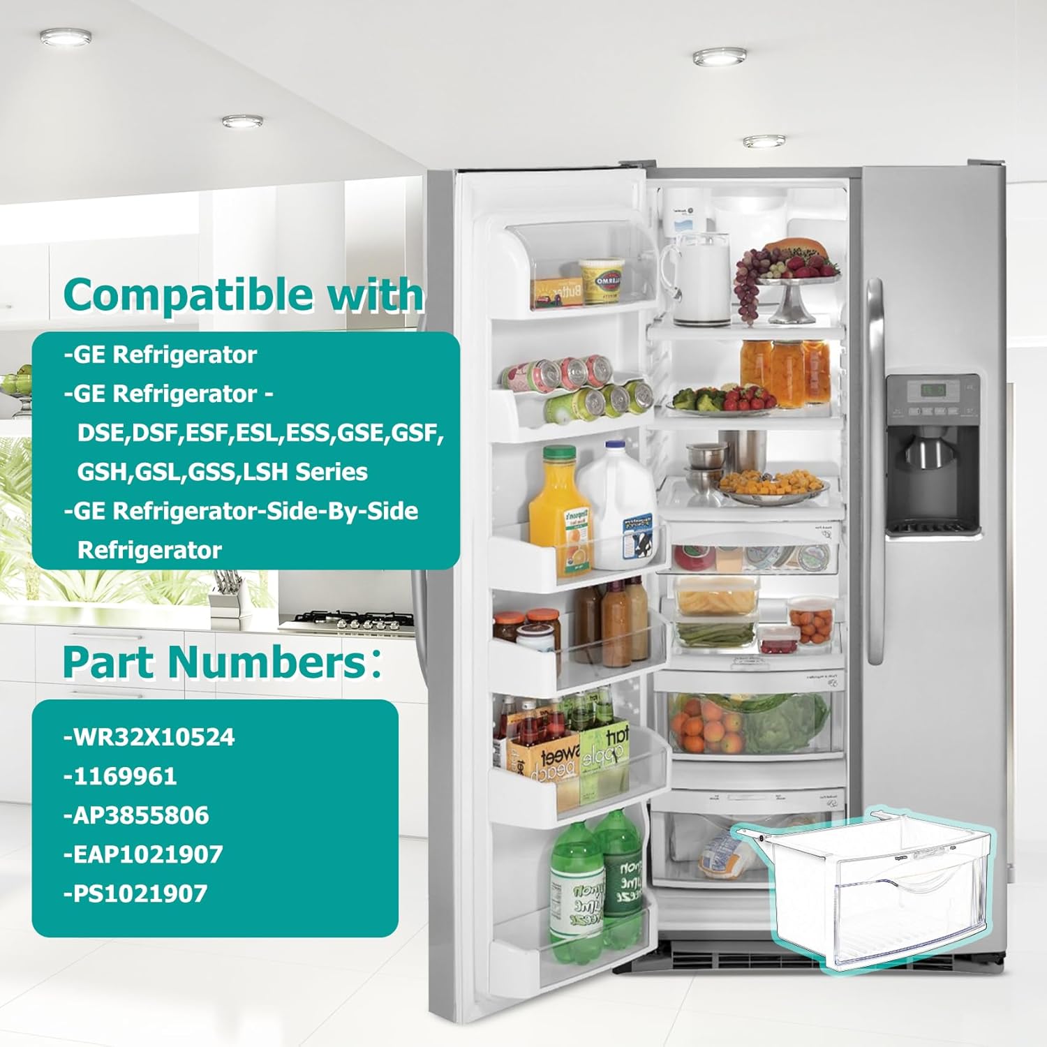 WR32X10524 – Cajón inferior (materiales de grado alimenticio), AP3855806 Conjunto de sartén para carne compatible con refrigeradores GE, modelos de