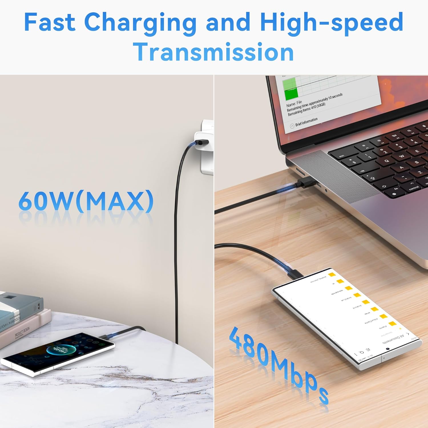 Cable USB A a USB C de 10 pies (paquete de 5), cable de carga rápida tipo C, cargador de 20V3A 60W (MAX) compatible con Samsung S21 S20 S10 S9 S8,