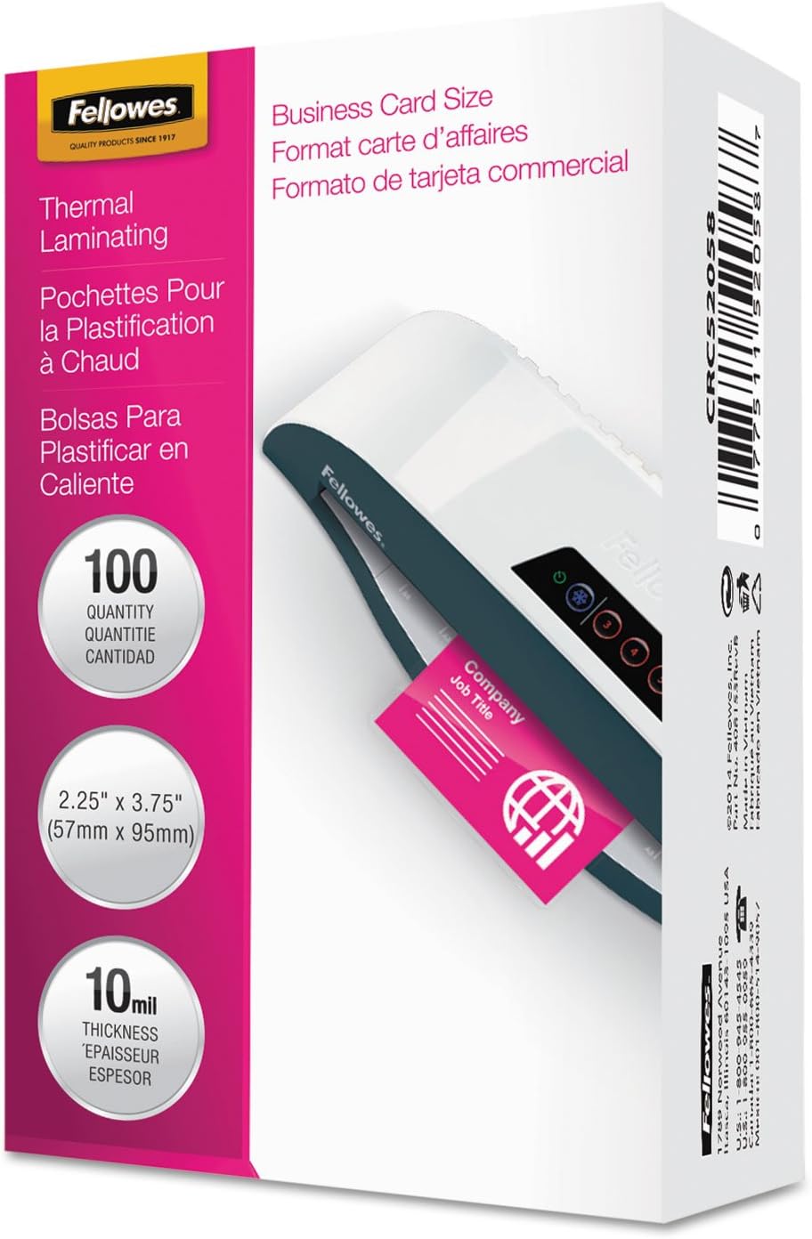 Fellowes 52058 Bolsa de laminación, 10 mil, 2 14 x 3 34, tamaño de tarjeta de visita, 100 unidades