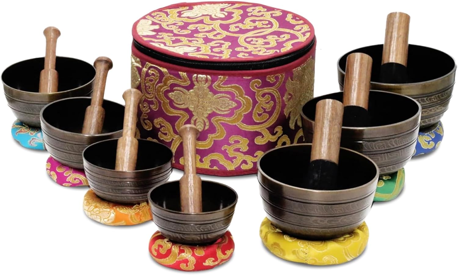 Juego de 7 cuencos tibetanos, cuencos cantores hechos a mano para meditación y curación holística, accesorios de yoga, cuencos negros de 3 a 5
