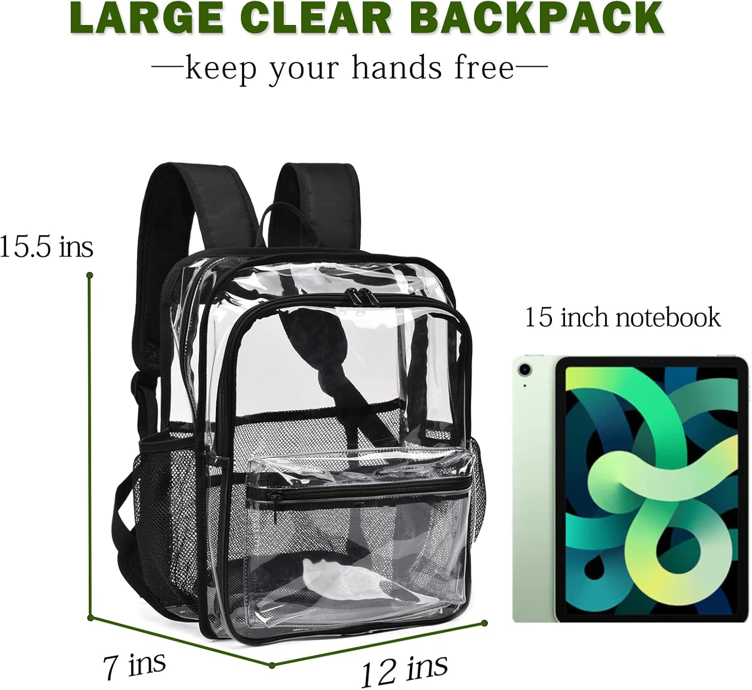 Clear Backpack,Clear Backpacks for School Heavy Duty See Through Bookbag Waterproof Backpack for Men Women,Clear Black
