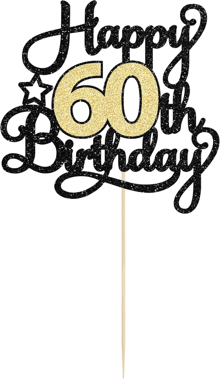 1 pieza de decoración para pastel de cumpleaños 60, color negro y dorado con purpurina para 60 años, selección de pastel de 60 años, decoración