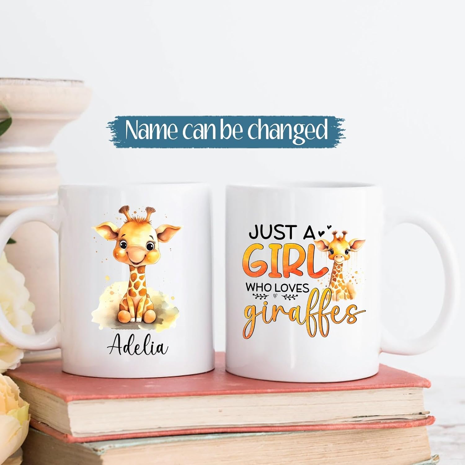 Taza de porcelana con diseño de jirafa con diseño de jirafa, regalo para hijas, niños, taza de cerámica con texto en inglés Just A Girl Who Loves