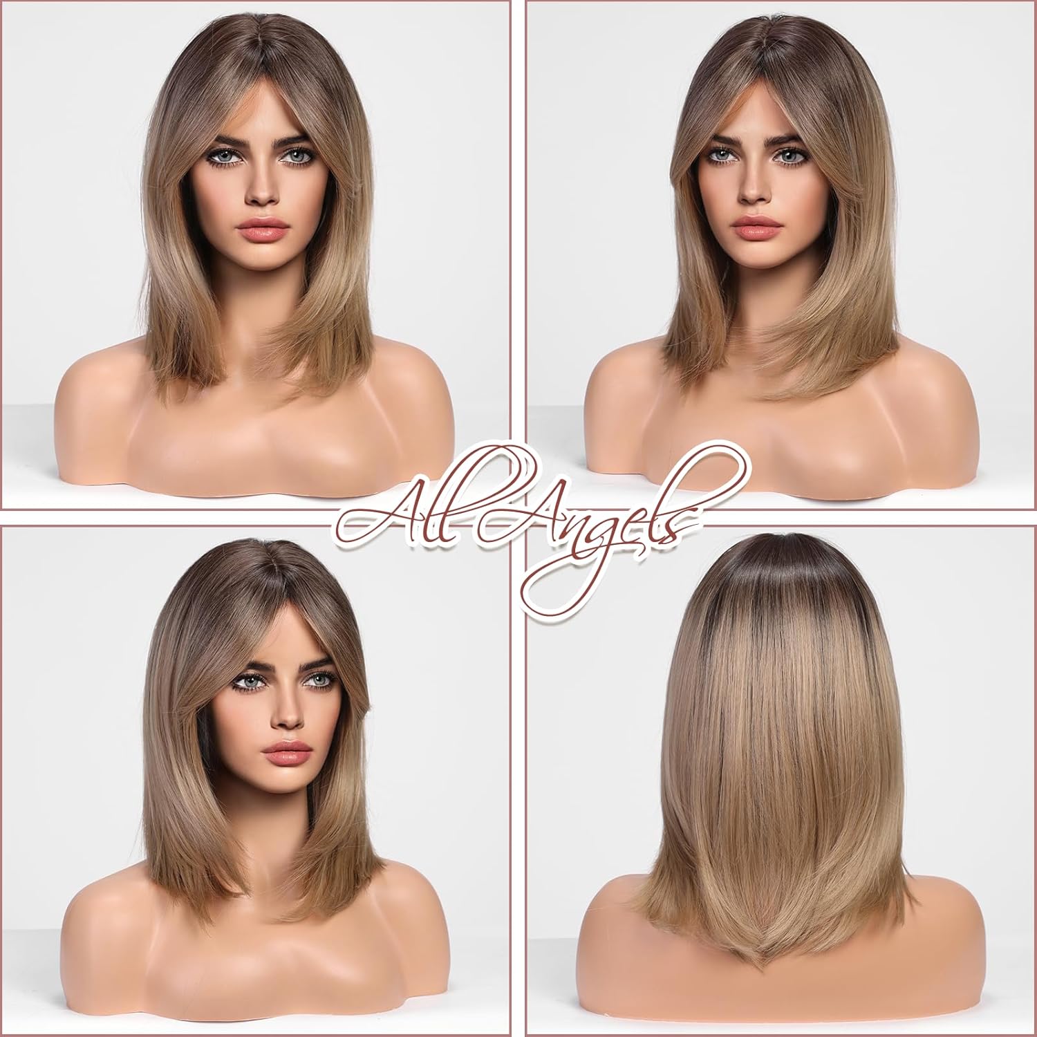 HAIRCUBE Pelucas de color marrón degradado para mujer, peluca rubia ceniza con flequillo de cortina, longitud al hombro, peluca sintética natural