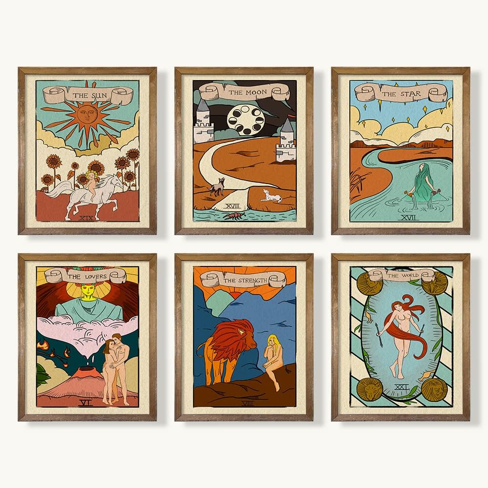 YUMKNOW Decoración bohemia hippie para habitación, juego de 6 tarjetas de tarot sin marco de 8 x 10 pulgadas, bonitas cartas de tarot impresas para