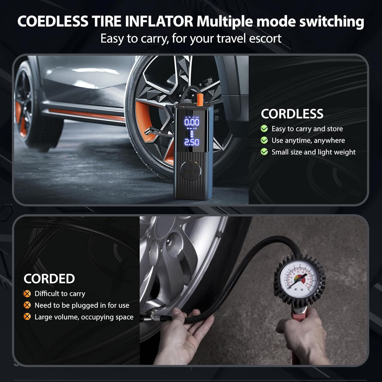 Inflador de neumáticos, compresor de aire portátil, bomba de aire portátil de 20000 mAh y 180 psi para neumáticos de automóvil, pantalla LCD de