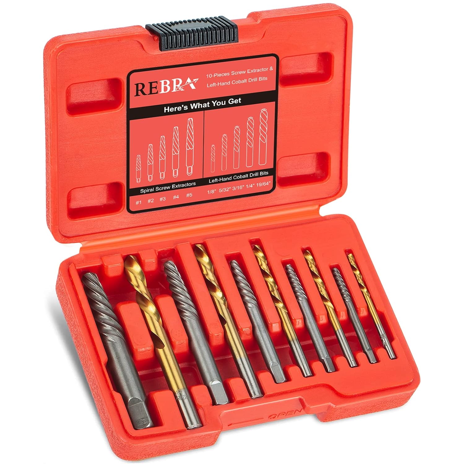 REBRA Extractor de tornillos y juego de brocas para mano izquierda, kit de taladro de acero HSS de cobalto invertido fácil de quitar, redondeado,