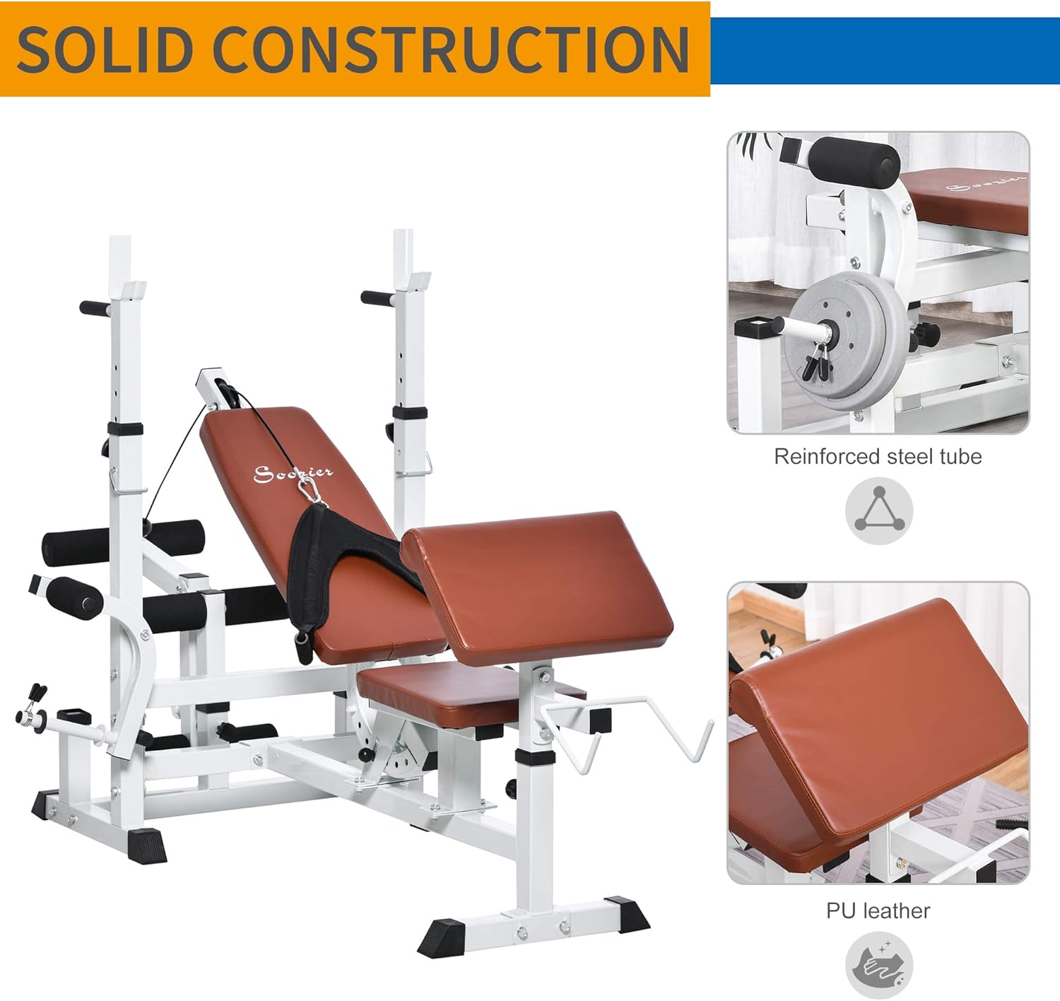 Soozier Soporte de pesas de cuerpo completo para múltiples ejercicios con prensa de banco, extensión de piernas, banda de resistencia a moscas en el