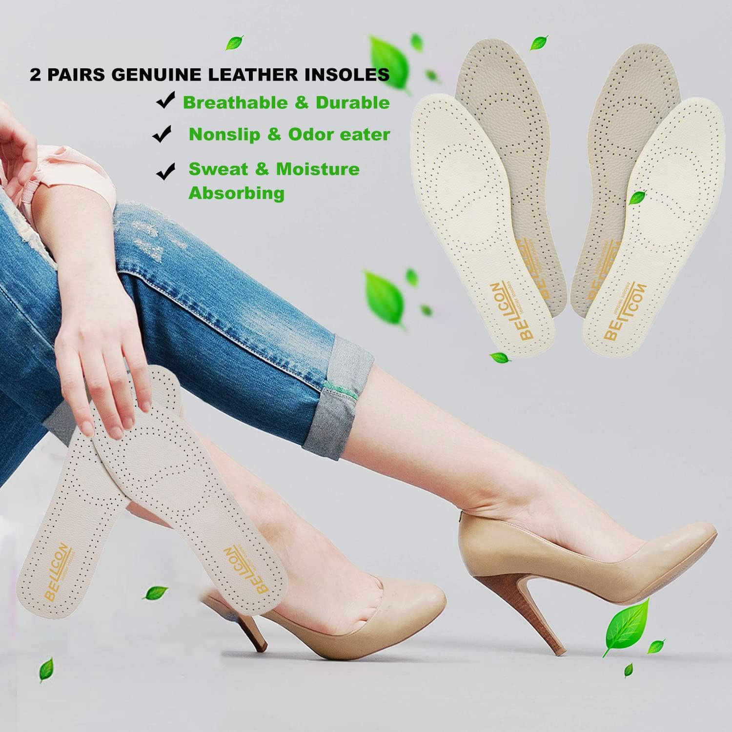 Bellcon – Plantillas de cuero para hombres y mujeres, plantillas de cuero blanco y beige para adultos, insertos de zapatos de longitud completa para