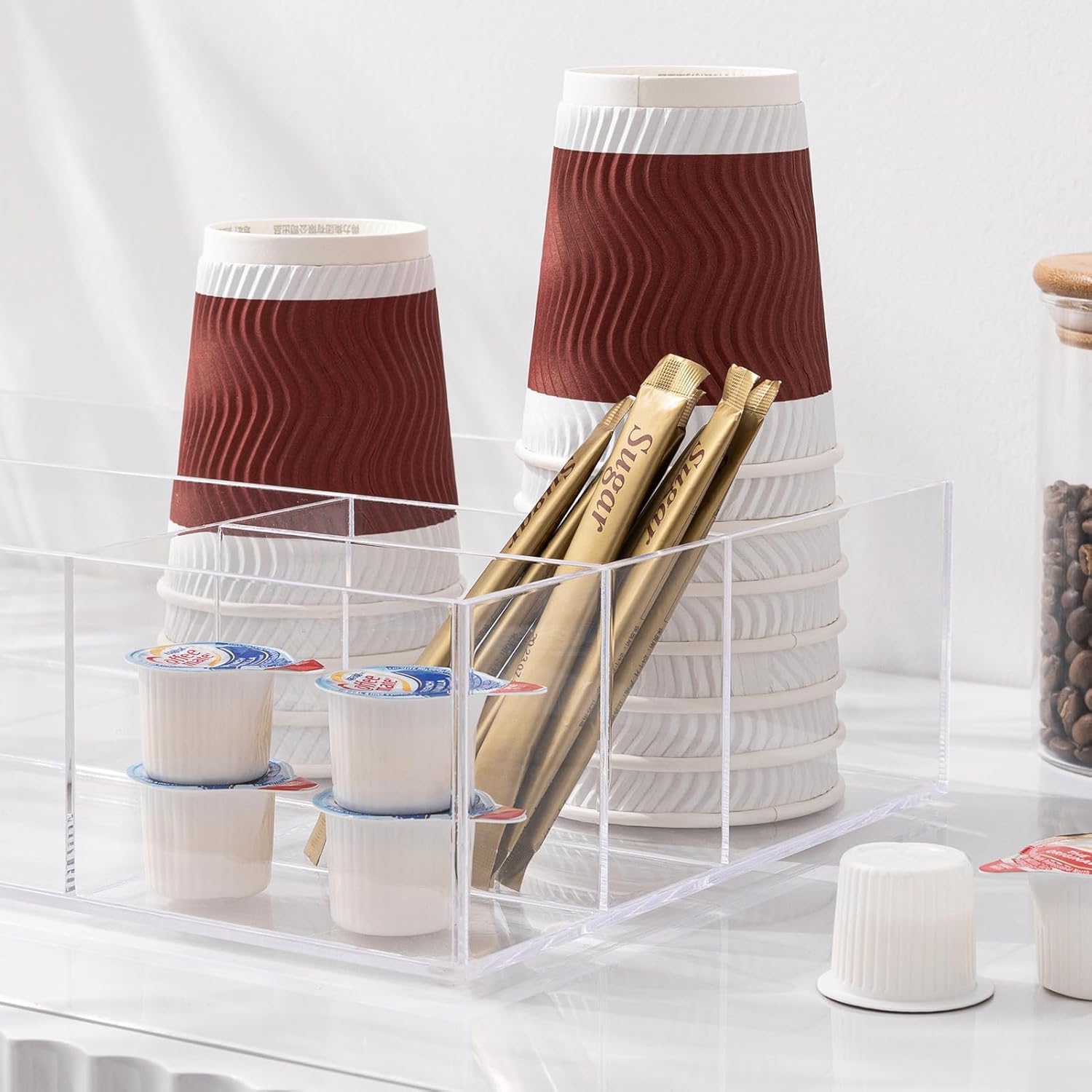 Organizador de estación de café de acrílico para encimera, organizador de almacenamiento de condimentos de café y té con 4 compartimentos,