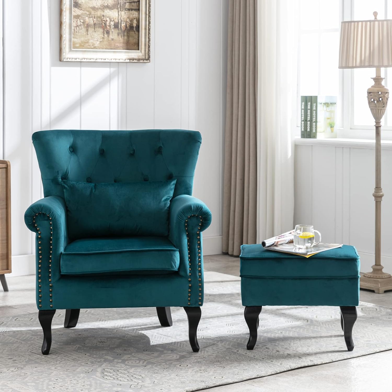 Silla decorativa moderna de mediados de siglo, sillón tapizado, cómodo sofá individual de terciopelo con respaldo copetudo con otomana para
